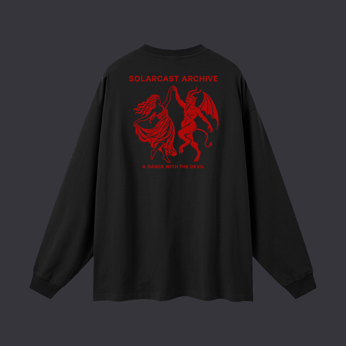 Always With The Devil long sleeve: a red print across the back showing a woman dancing with the devil, above the words Always With The Devil, on a black cotton long sleeve.