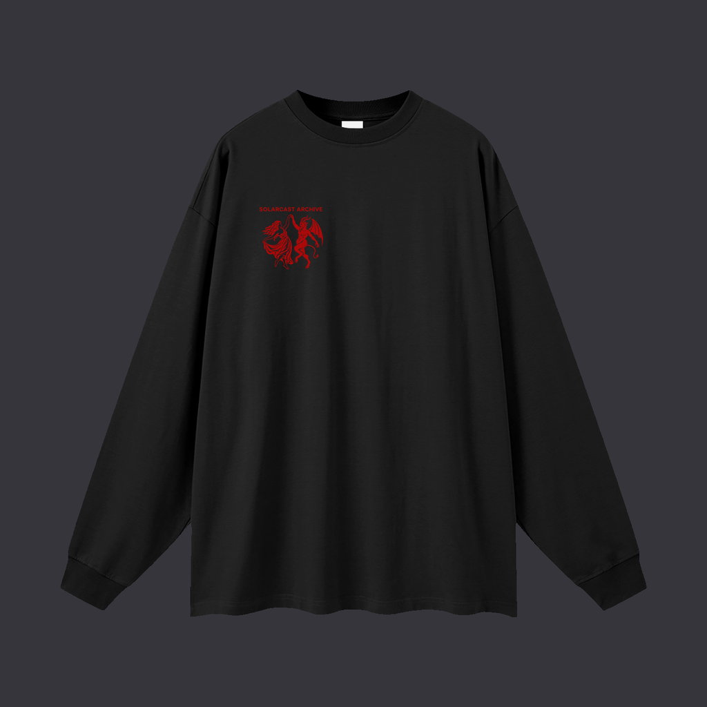 Always With The Devil long sleeve: a red print across the back showing a woman dancing with the devil, above the words Always With The Devil, on a black cotton long sleeve.