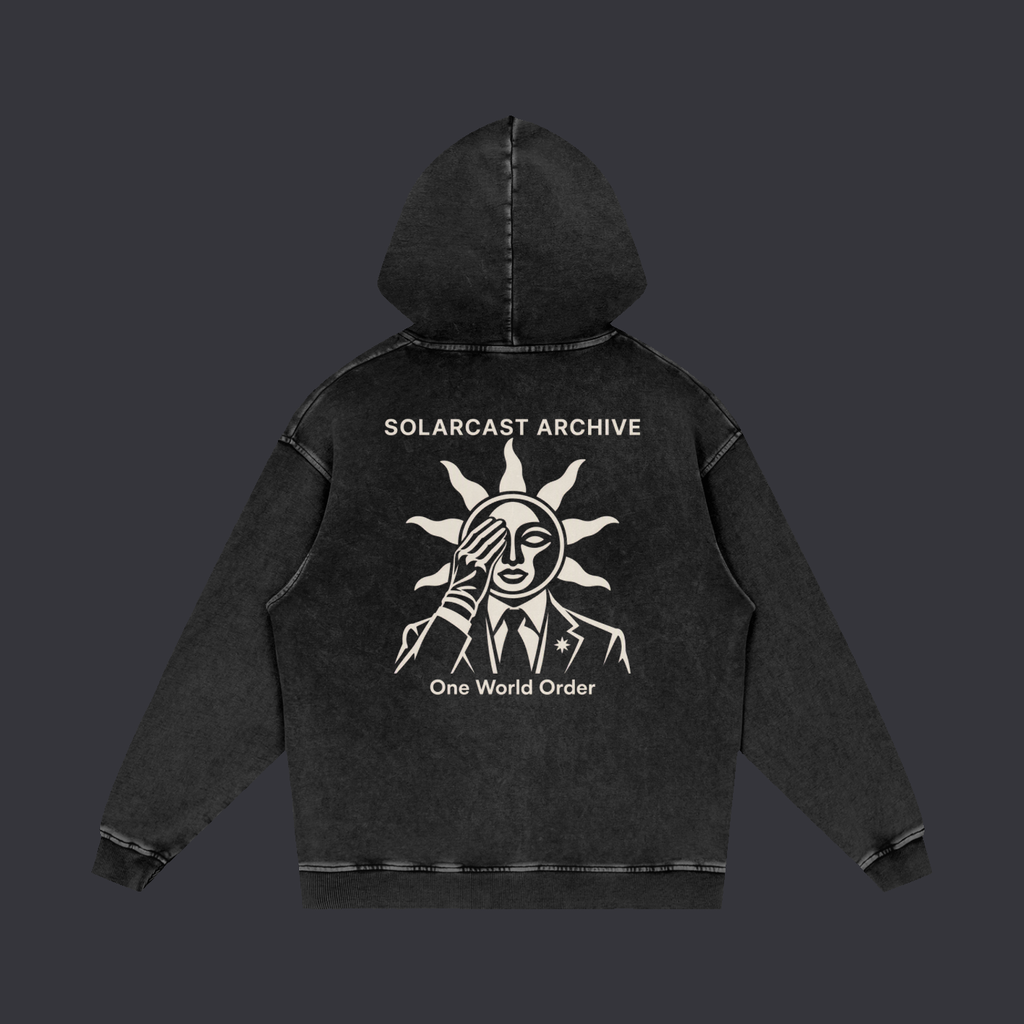 One World Order hoodie: a bone print across the back showing a sun with a face and rays covering one eye, above the words One World Order, on a black snow washed cotton hoodie.