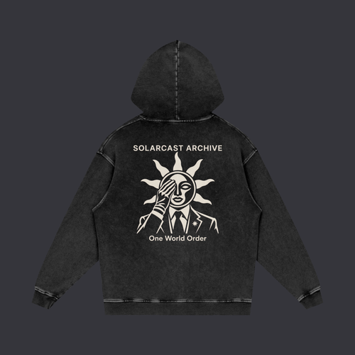 One World Order hoodie: a bone print across the back showing a sun with a face and rays covering one eye, above the words One World Order, on a black snow washed cotton hoodie.